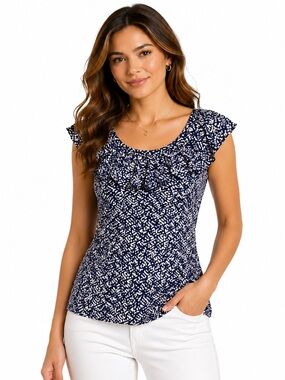 CHAPS Blue & White Ruffle Neck Cap Sleeve Top, S